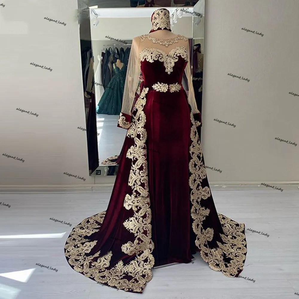 Långärmad arabiska kvällsklänningar med avtagbar tåg spets applique burgundy velvet kaftan kftan dubai prom klänning