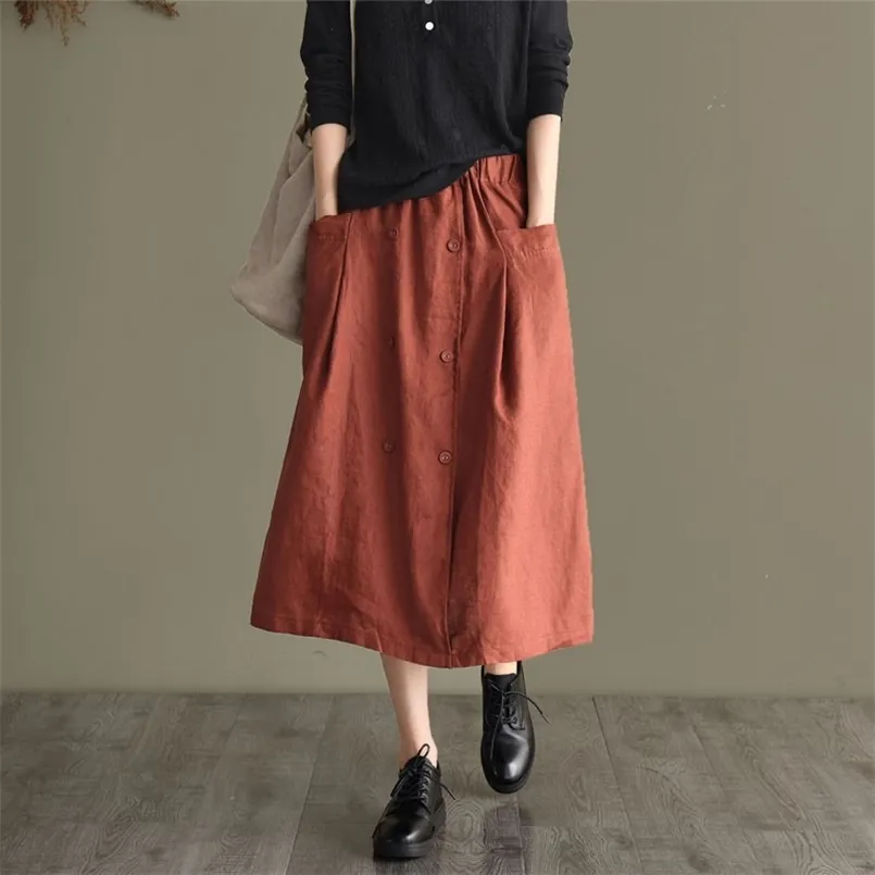 Spring Autumn Arts Style Women Elastic Waist Loose A-line Long Skirt Double-breasted Cotton Linen Casual Skirts M505 210708