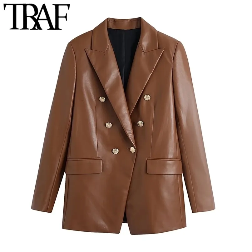 TRAF Women Fashion With Buttoned Faux Leather Blazer Coat Vintage Long Sleeve Flap Pockets Female Veste Femme 211122