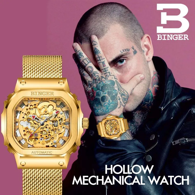 Saatı İsviçre Marka Binger Miyota 8N24 Hareketi Otomatik Mekanik İzle Erkekler Altın İskelet Saatler Mens Reloj Hombre 10008