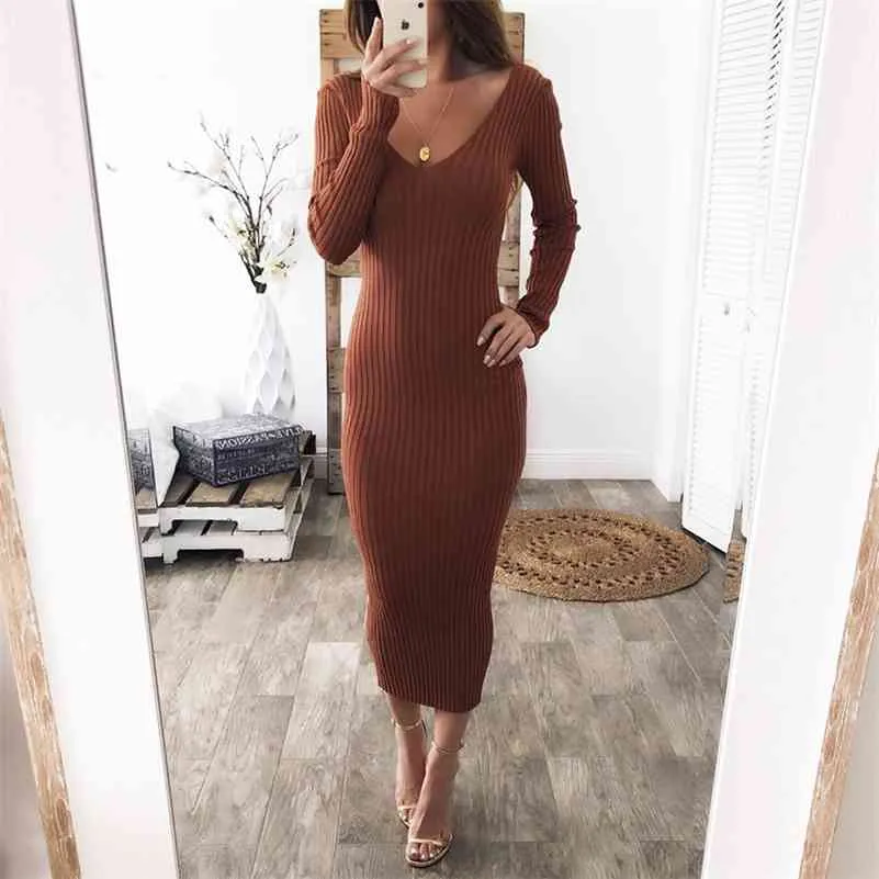 Knitted Sweater Dress Women Long Sleeve Sexy Midi Bodycon Dress Black White Red Long Stretchy Knitted Winter Dress 210518