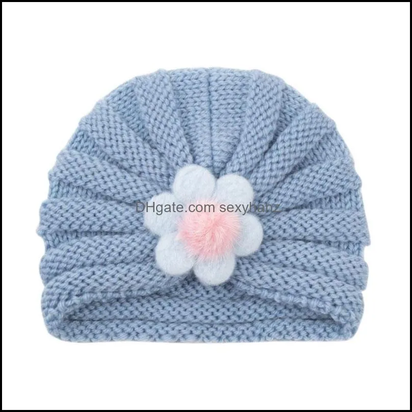 Winter Autumn Baby Girls Solid Color Knit Flower Hats Kids Children Headwear Caps Fashion Hair Care Beanie GWE11481