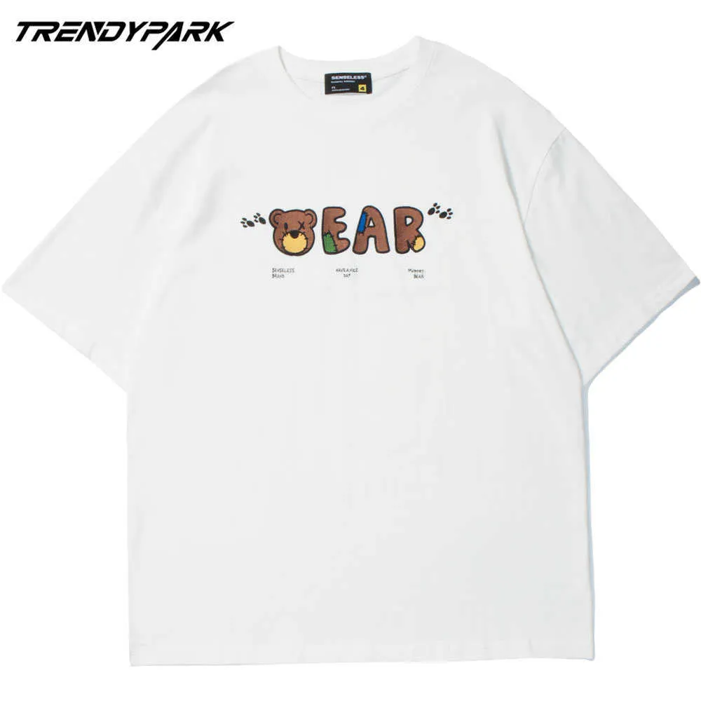 Erkek T-shirt Sevimli Ayı Beyaz Yaz Kısa Kollu Hip Hop Boy Pamuk Rahat Harajuku Streetwear Üst Tişörtleri Erkek Giyim 210601