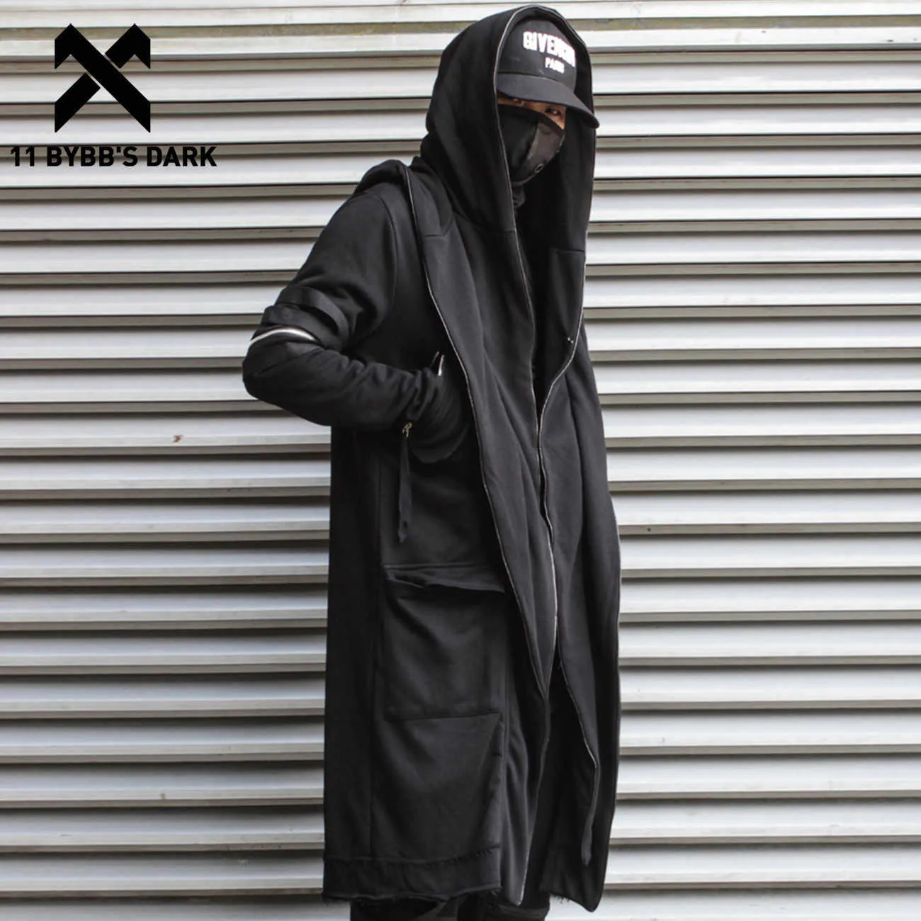11 BYBB'nin Karanlık Sihirbazı Cape Pelerin Sahte İki Ceket Erkekler Gotik Punk Streetwear Mont Taktik Fonksiyon Hoody Rüzgarlık 210909