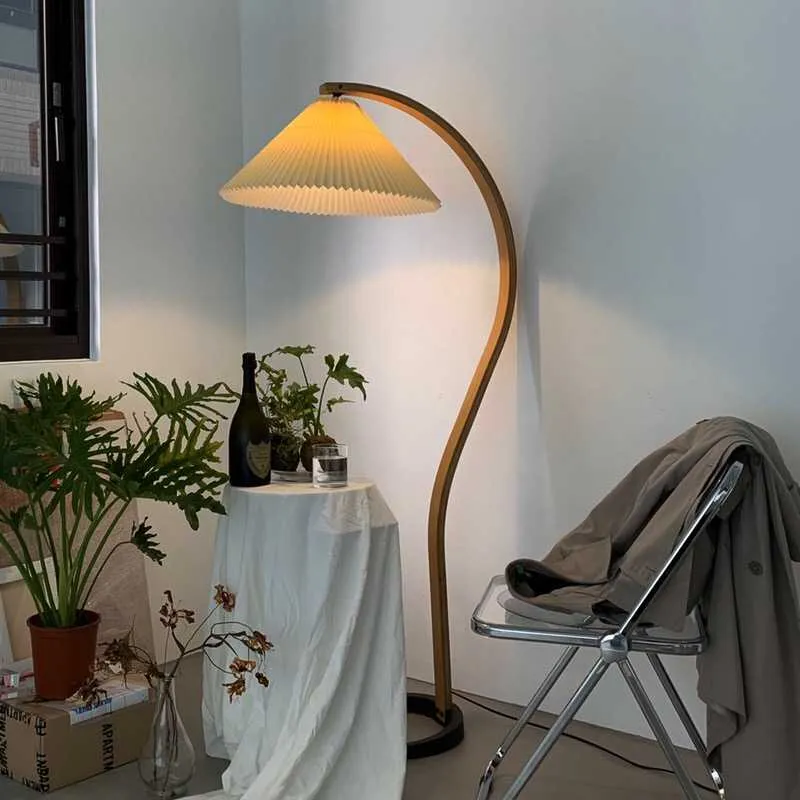 Vintage 2024 Pleated Fabric Shade Floor Lamp for Bedroom Living Room Wooden Tripod Stand White Shade LED Bulb Included Modern Classic Style