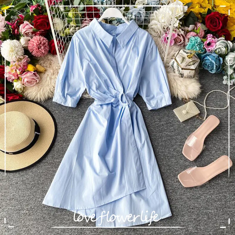 Summer Women Shirt Dress Korean Solid Short sleeve Slim irregular A-line Party Dress Elegant Knee-length dresses 210521