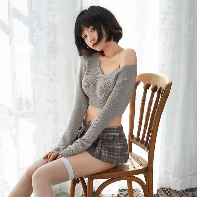 V-Ausschnitt koreanischen Stil lose gestrickte Pullover Frauen dünne Pullover Porno Minirock Sets Erwachsene Sex Fantasy Schulmädchen Cosplay Kostüm 210730