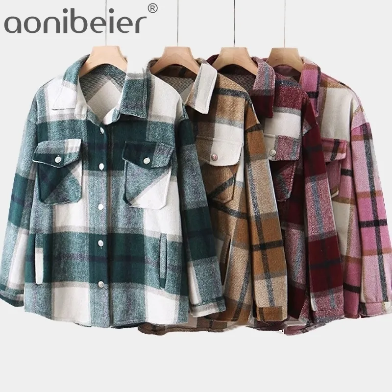 Aoniberier espessura xadrez blusa escritório senhora frouxo camisas Soltar gola de manga comprida botão mulheres outwear 2021 verificado tops casuais 210317