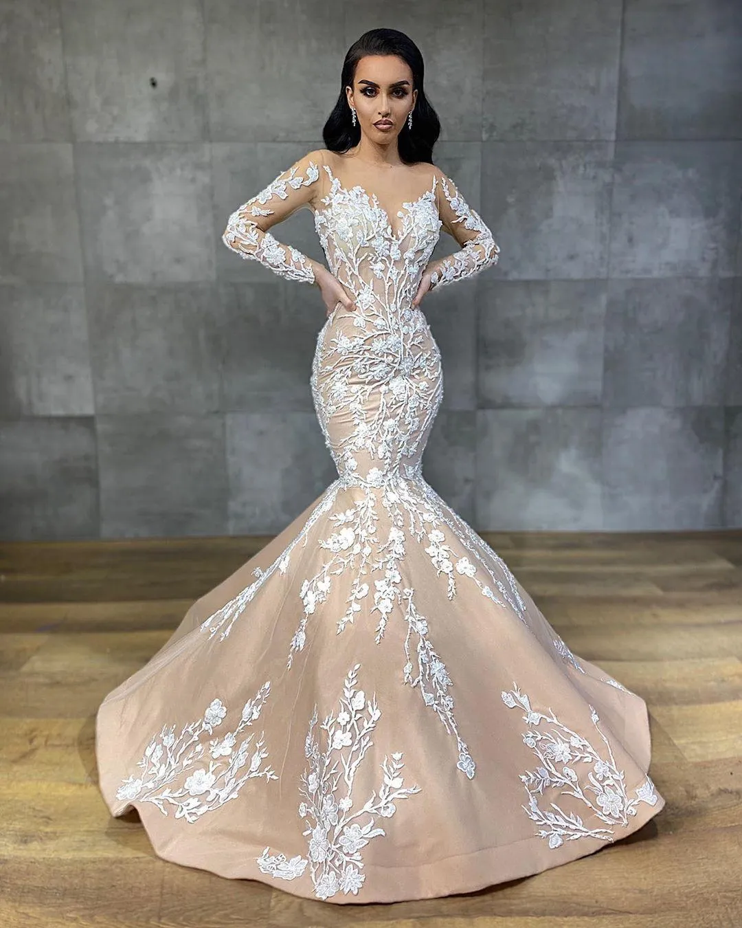 knee length dresses for ladies Long Sleeves Champagne Wedding Dress Lace Mermaid Overskirt – 27dress