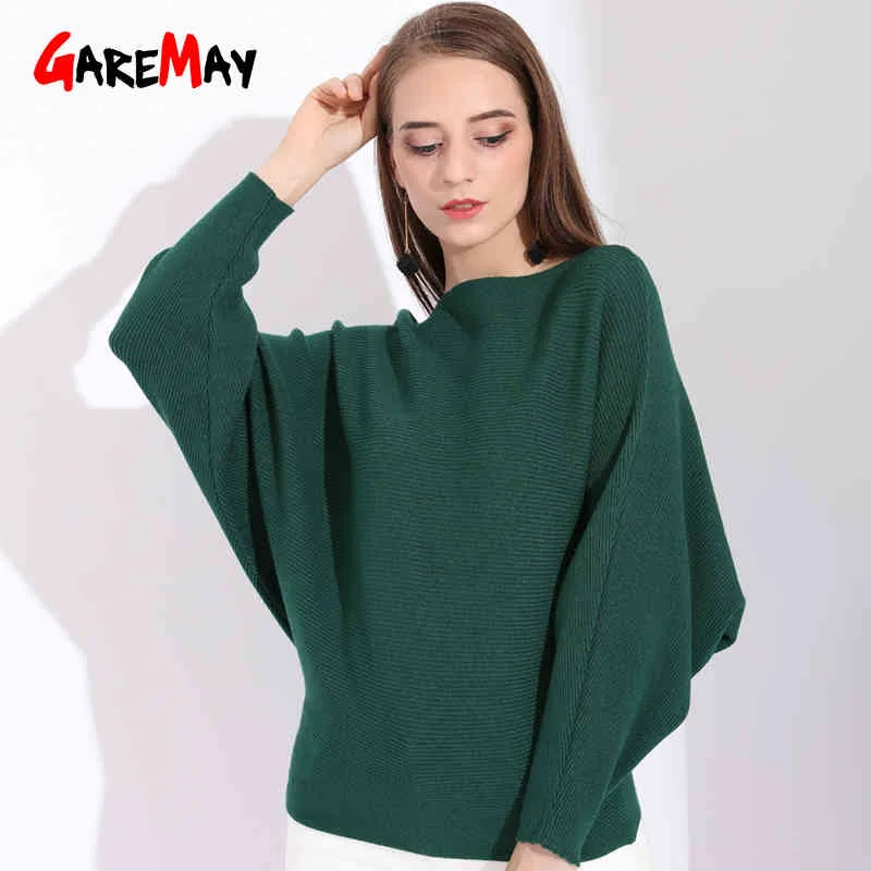 Winter Batwing Pullover Weibliche Fledermaus Jersey Übergroße Frauen Oversize Slash Neck Herbst Gestrickte S Damen Grün 210428