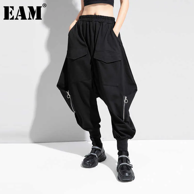 [EAM] taille haute élastique noir bref Long sarouel pantalon nouveau coupe ample pantalon femmes mode marée printemps automne 2021 1DC778 Q0801
