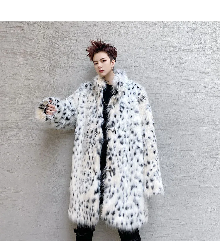 2021 Winter Mens Leopard Fur Coat Trench Coat White Leopard Print
