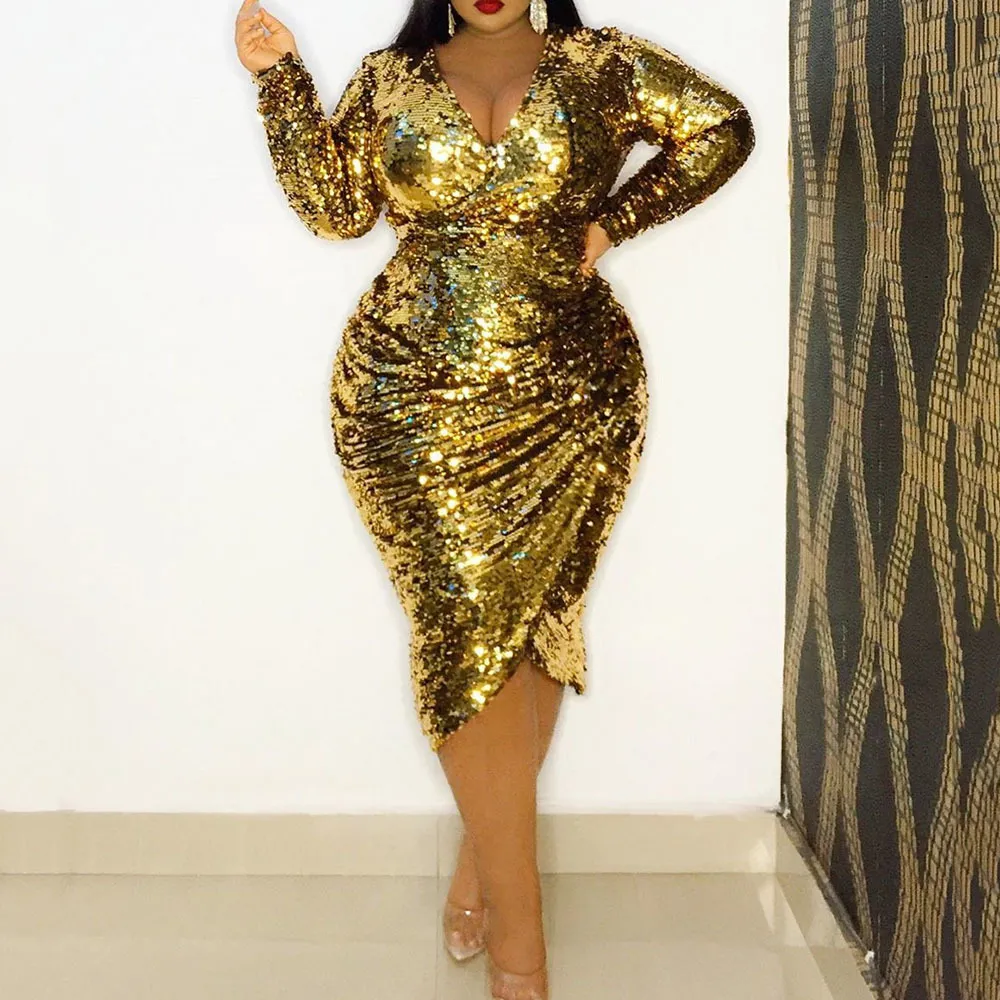 Golden Sequin Midi Dress For Women Sexy Fashion For Nightclubs