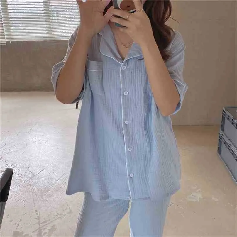 Bekväm bomull solid sommar casual sleepwear vintage kvinnor hem chic mode pyjamas kostymer set 210525