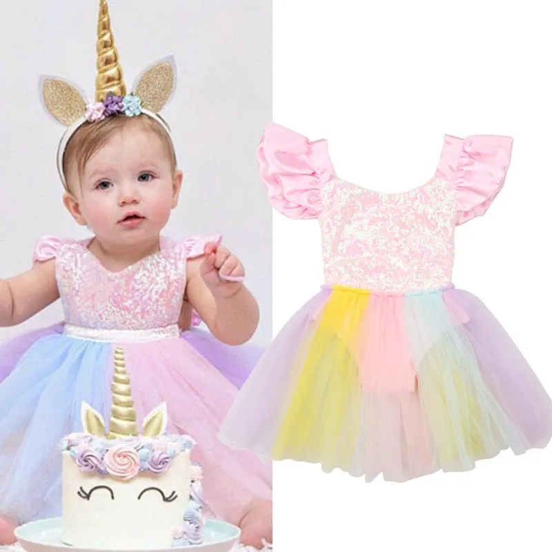 Girl's Dresses Born Baby Girl Princess Dress Girls First Birthday Outfit Rainbow Easter Sequined Tutu Toddler Costume