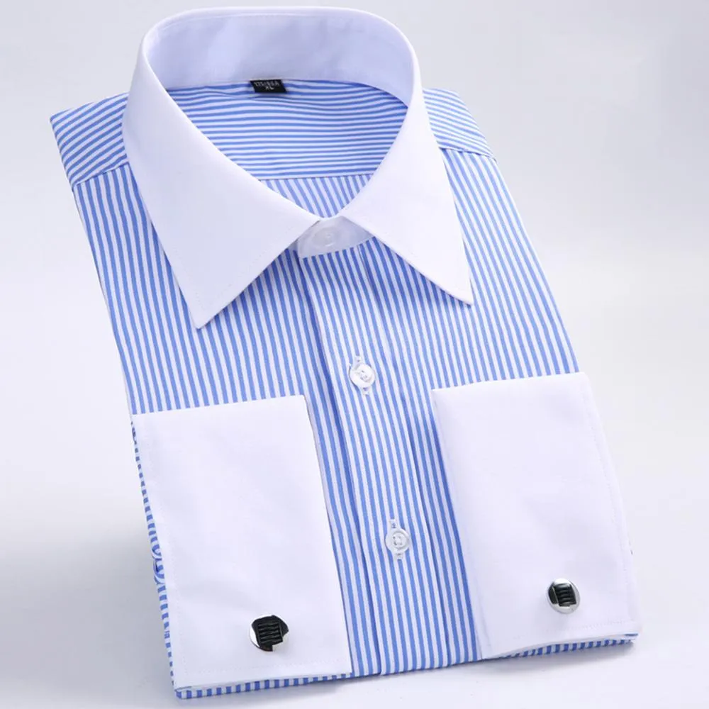 Men's Dress Shirts Loose French Cuff Regular Fit Luxury Striped Business Long Sleeve Cufflinks Social Pluse Size M-6XL