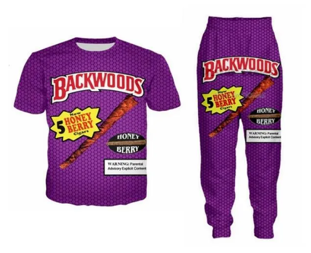 Groothandel - 2022 Nieuwe Mode Casual Backwoods Honey Berry Blunts 3D All Overdruk Trainingspakken T-shirt + Joggers Broek Pak Dames Mannen @ 025