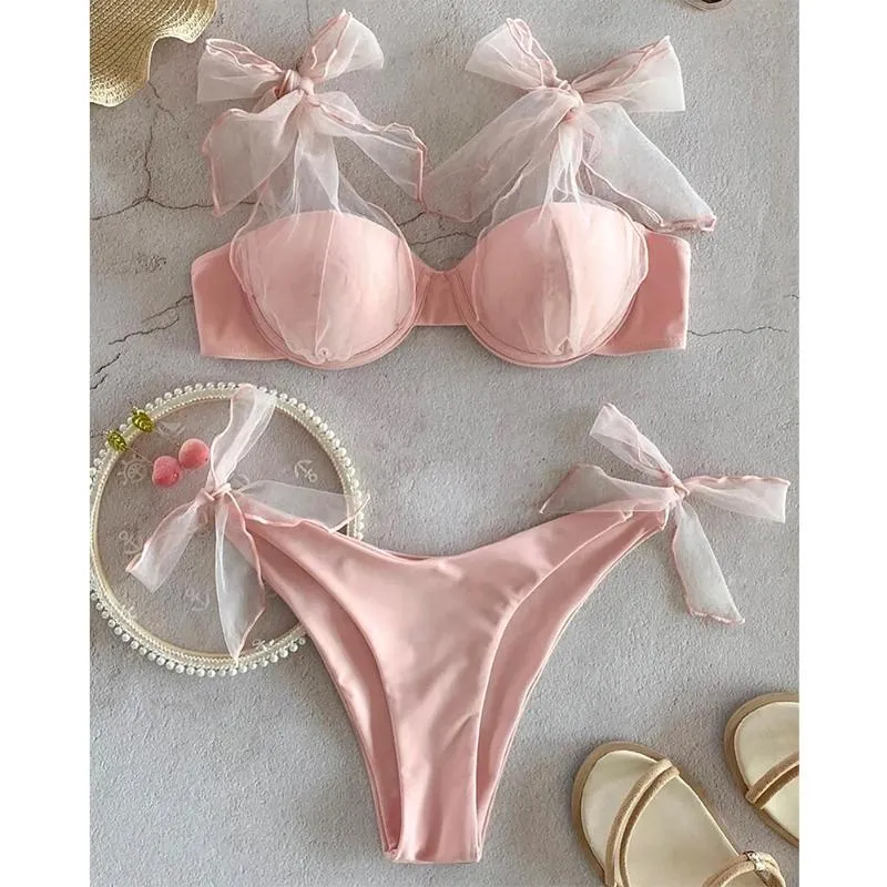 Kvinnors badkläder 2021 Sexig bikini Set låg midja solid rosa baddräkt Strappy Women Brazil Bathing Suit Net Yarn Beach Wear Biquini