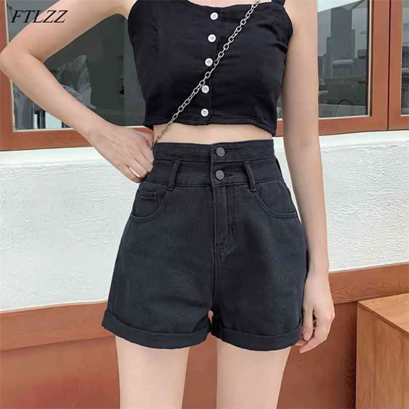 Summer Women Wide Leg High midje svart denim shorts casual kvinnlig lös dubbelknapp streetwear blå jeans 210430