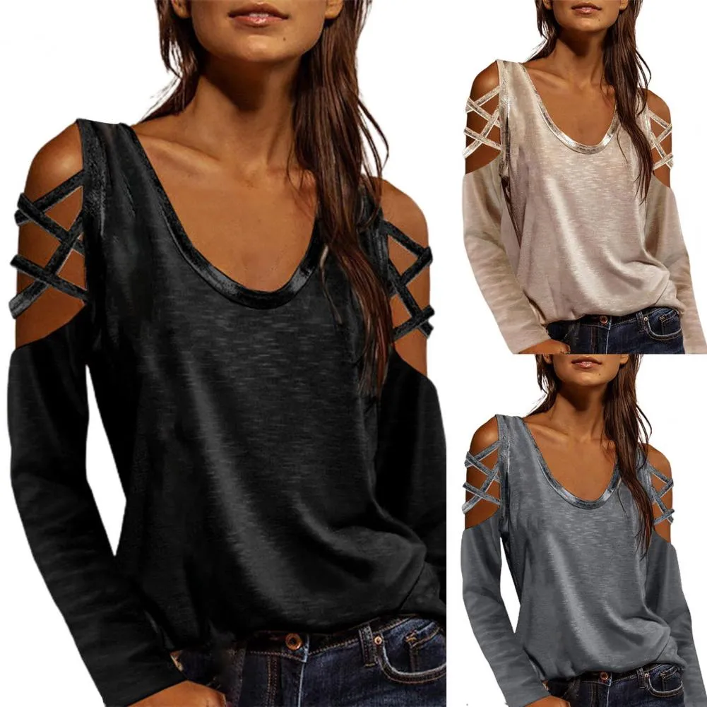 2021 Mode Toppar Kvinnor T-shirt Strapless Loose Långärmad O-Neck Hollow Womens Top Blus för Dating Kvinna Svart S-3XL