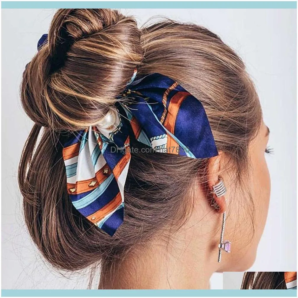 Women Elegant Vintage Print Bow Knot Pearls Elastic Hair Bands Sweet Headband Rubber Band Scrunchie Fashion Accessories