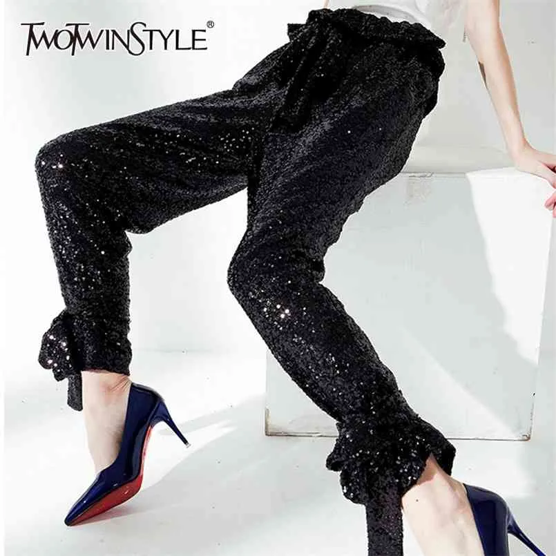 Loose Black Lace Up Bowknot Spodnie Dla Kobiet Wysokiej Talii Patchwork Sekwiny Casual Spodnie Kobiet Moda Odzież 210521