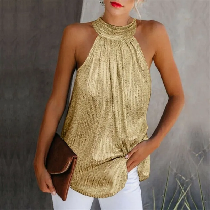 Women Gold Blouse Fashion High Neck Sleeveless Hatler Tank Top Vest Summer Casual Loose Blouse Shirt Tee 210518