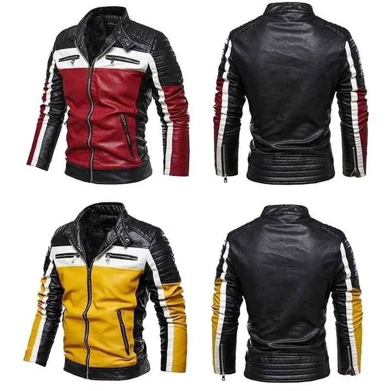 Hommes Jaune En Cuir Veste Patchwork Biker Casual Zipper Manteau Moto Slim Fit Fourrure Doublée Outwear 210811