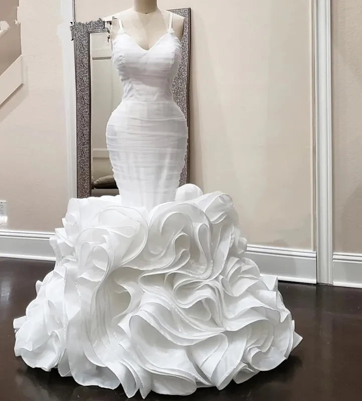 طويل أبيض حورية البحر فساتين الزفاف 2022 vestidos الفاخرة الحبيب الرقبة مع الأشرطة الكشكشة الأورجانزا الأورجانزا أثواب الزفاف