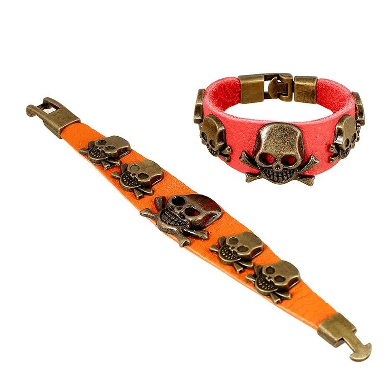 Tennis à la mode rouge/Orange Bracelets en cuir véritable Antique Bronze crâne charmes bracelets en peau de vache Bracelets de club de fête résultats de bijoux