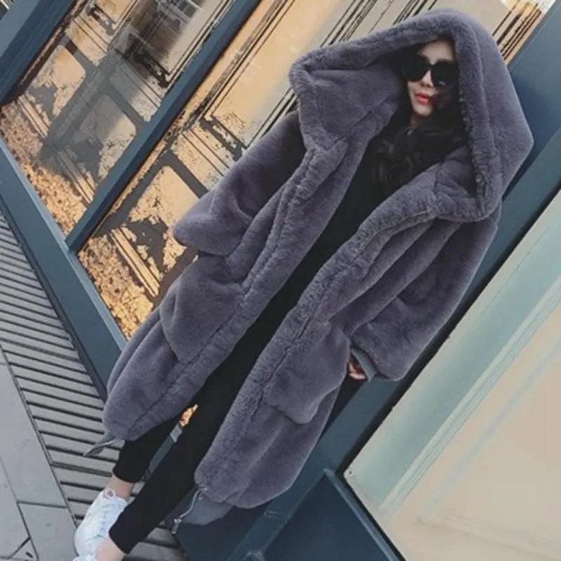 Winter lange jas vrouwen rex konijnenbont dikke warme pluizige oversized capuchon jassen overjassen vrouwelijke losse pluche jassen bovenkleding