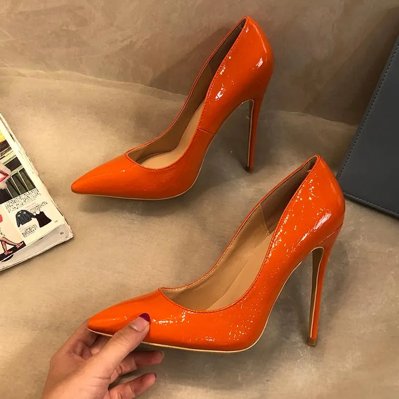 Mode Kvinnor Designer Brand Orange Patent Läder Point Toe Högklackat Pumpar Skor Stiletto 33-43cm Party Dress