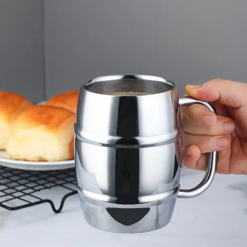 Metal Beer Mug 300ML, 430ML Double Layer Stainless Steel Drinking Cup with Handle for Beers Tea Water Milk Coffee