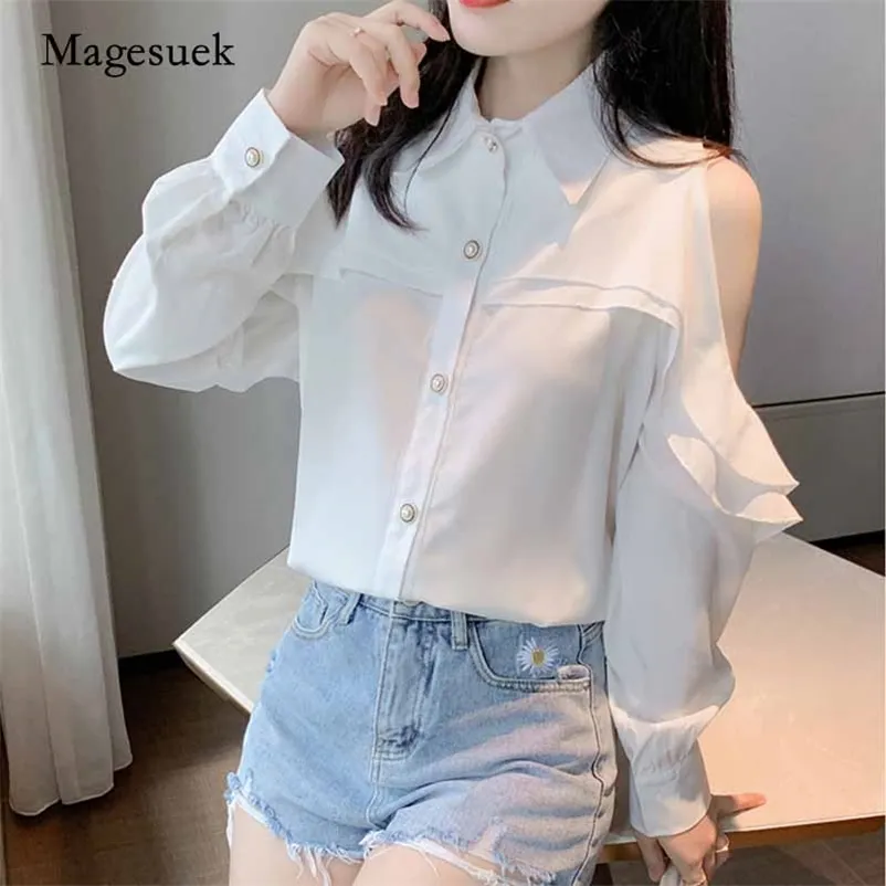 Kvinnor temperament koreanska mode lösa refflar nedbrytning krage vit blus höst off-axel chiffon skjorta blusas 10844 210518