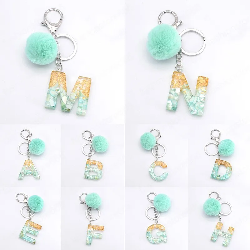 Pompom Puff Keychain W/ Resin Initial Letter Resin Add-ins Glitter