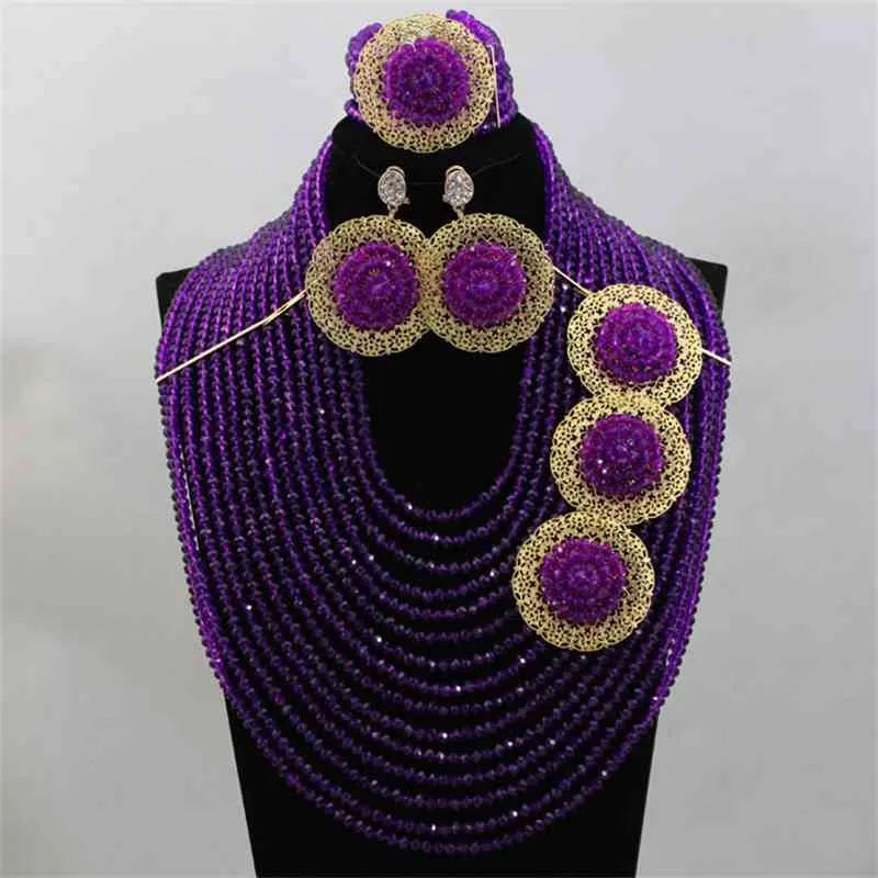 Superbe mélange violet golden nigérian perles de bijoux ensemble grand stock hx213