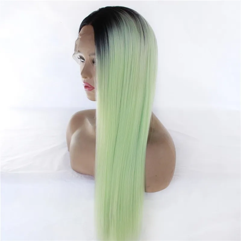 12~26 inches Long Synthetic Lace Front Wigs Silky Straight Dark Green T Color Simulation Human Hair Wig 181005-2610