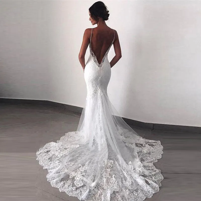 White Lace Mermaid Wedding Dress with Spaghetti Straps and Open Back