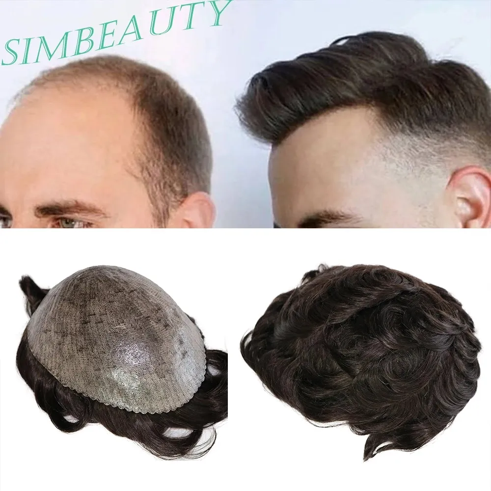 Mäns Toupee Hair Pieces Replacement System Hair For Man Tunn Hud Base Omkring 100% Europeisk Remy Mänsklig Hair Wig 10x8 "Poly PU