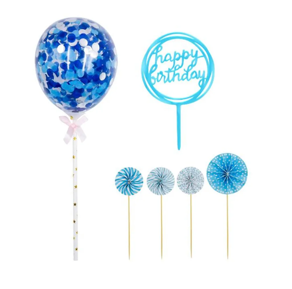 Factory Happy Birthday Cake Toppers decoration Paper Fans Acrylic Cupcake Topper Confetti Balloon Decorations Set