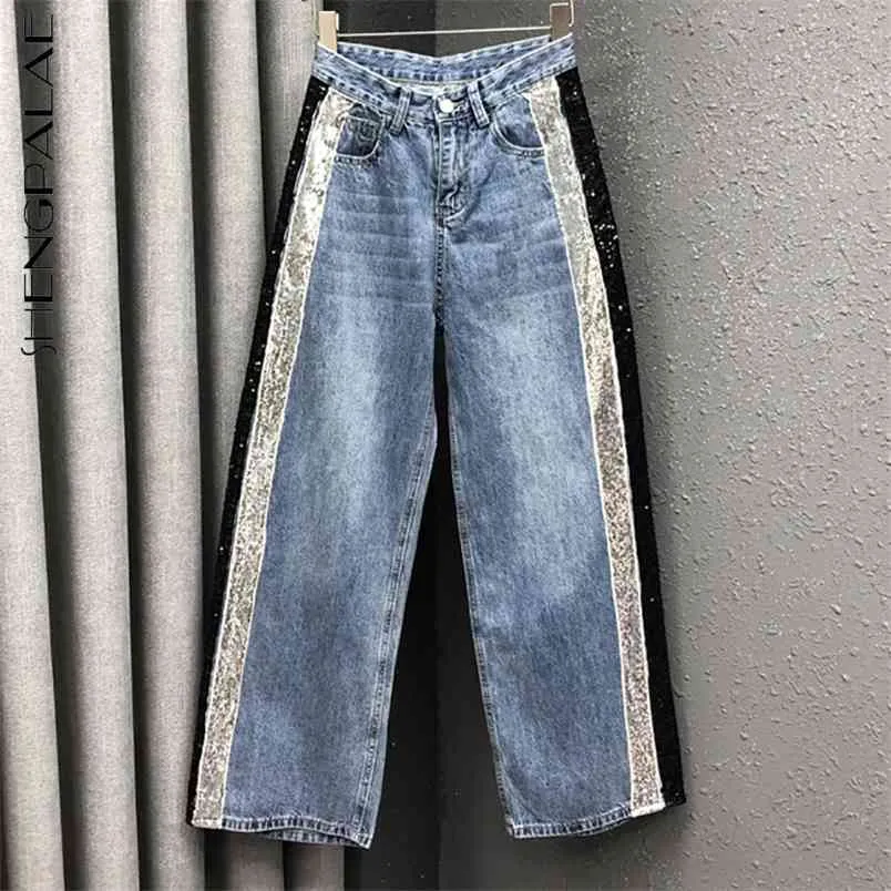 Personlaity Sequin Jeans Femme Printemps Taille Haute Mince Large Jambe Mode Droite Denim Pantalon Femelle 5B918 210427