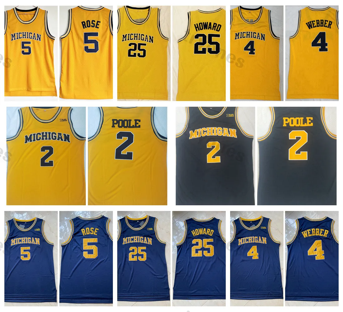 Erkek NCAA Michigan Wolverines Kolej Basketbol Formaları Vintage 4 Chris Webber 5 Jalen Rose 25 Juwan Howard 2 Jodan Poole Jersey Mavi Sarı Dikişli Gömlek S-XXL
