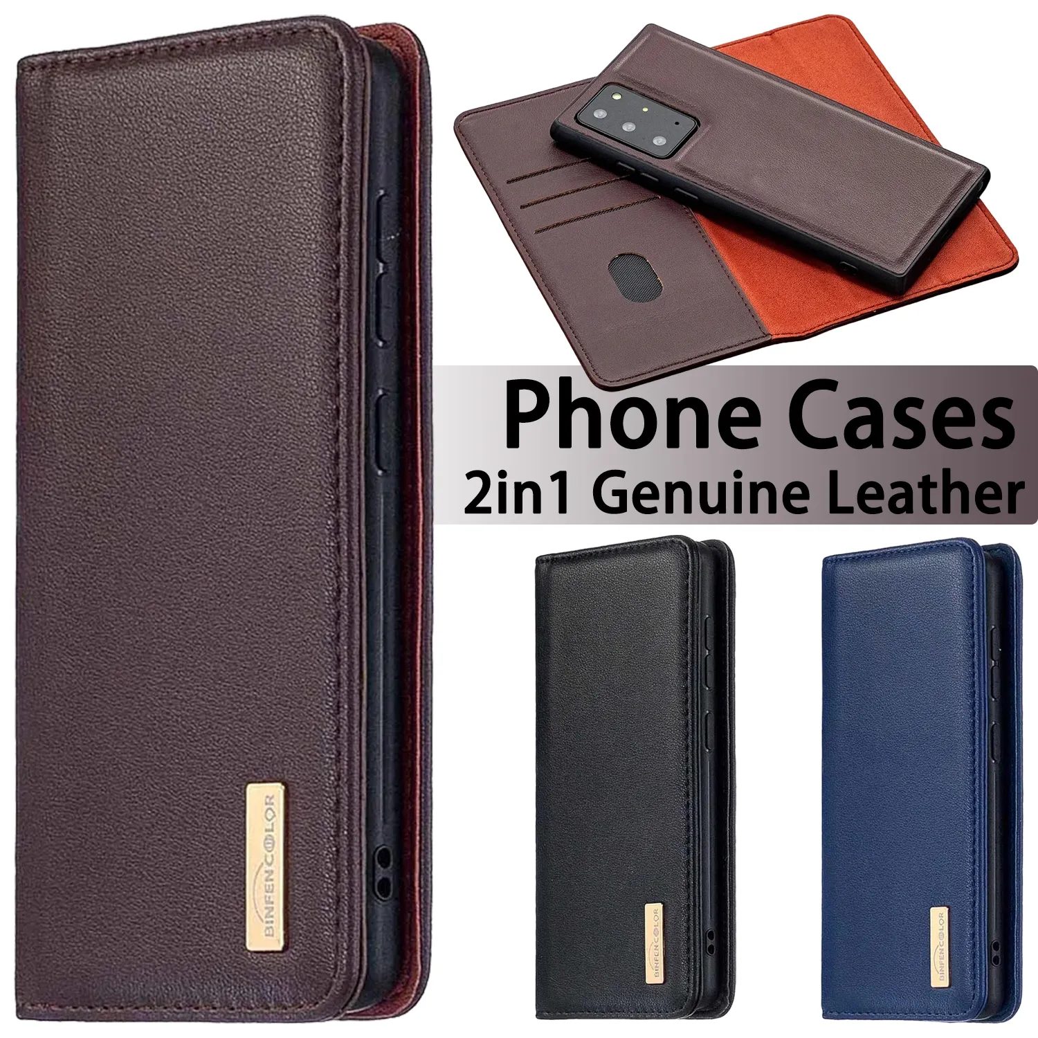 Étuis de téléphone de portefeuille pour Samsung Galaxy S20 Note20 Ultra Note10 S10 Plus 2in1 Couvre de coque en cuir en cuir authentique avec des emplacements de carte