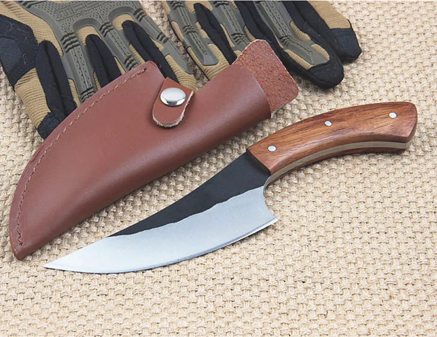 New-Arrival Fixed Blade Kichen Knife High Carbon Steel Satin Blades Full Tang Rosewood Handle Straight Knives With Leather Sheath