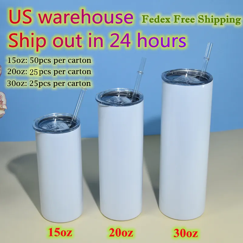 US WAREHOUSE 20oz Sublimation Straight Tumblers 15oz 30oz Stainless Steel Tumbler Plastic Straws lids Double wall Vacuum Insulated Travel Cups Local Delivery