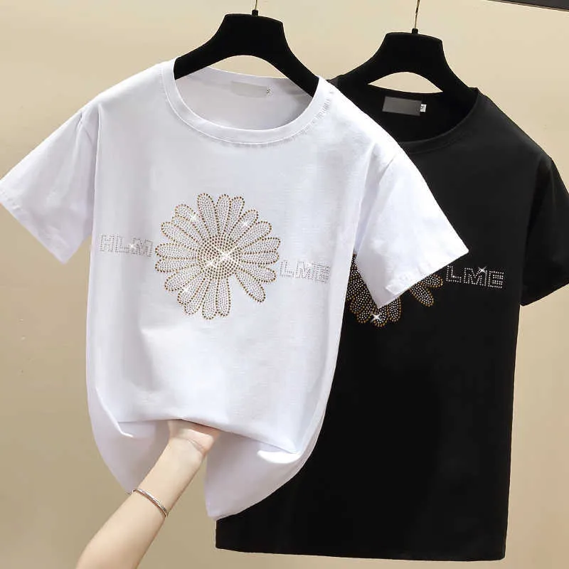 Koreanska T Shirt Kvinnor Kläder Diamant Bomull Kortärmad Casual Harajuku Vit Kvinna T-shirt Sommar Toppar Svart Tee SHIRT 210604