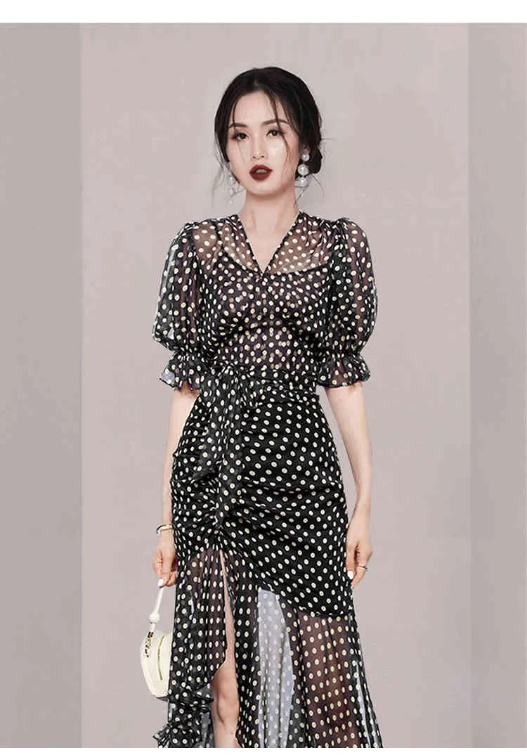 DHgate.com:Elegant V-Neck Polka Dot Chiffon Midi Dress