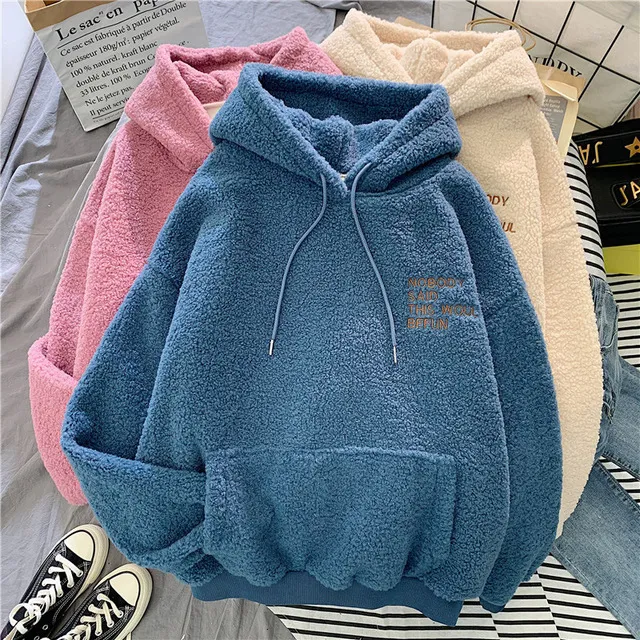 New Autumn Winter Hoodies Thick Warm Coat Velvet Cashmere Women Hoody Sweatshirt Solid Blue Pullover Casual Tops Lady Loose Long Sleeve