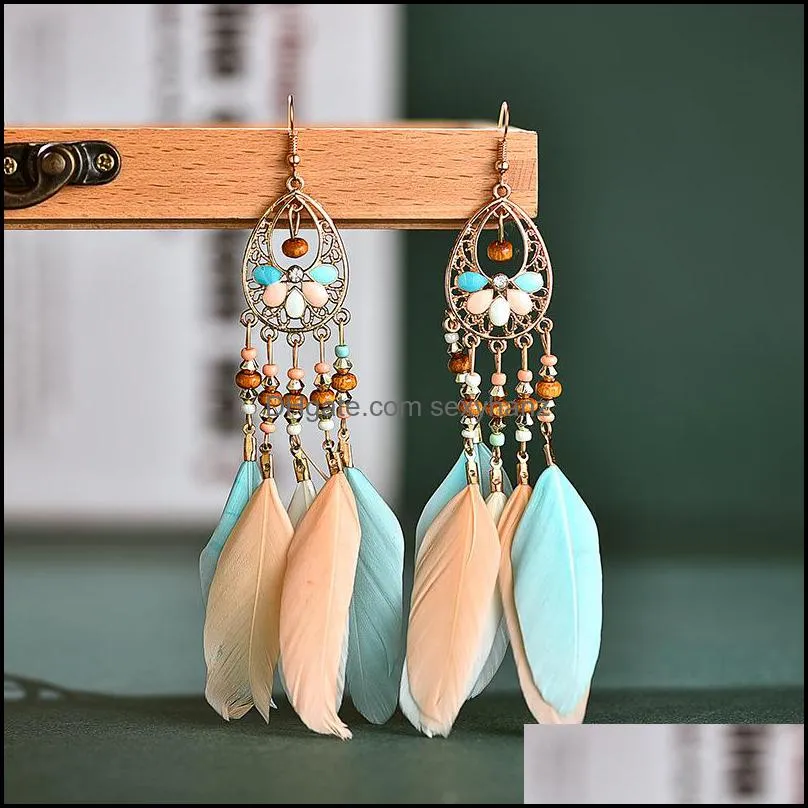 Stud Earrings Jewelry S1470 Bohemian Fashion Vintage Feather Handmade Beads Dangle Tassel Drop Delivery 2021 2Bx3W