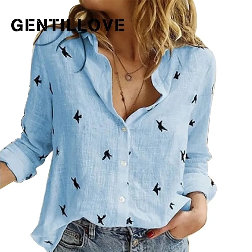 Casual Long Sleeve Birds Print Loose Shirts Kvinnor Bomull och linne Blusar och Toppar Vintage Streetwear Plus Storlek 5XL Tunika 210323